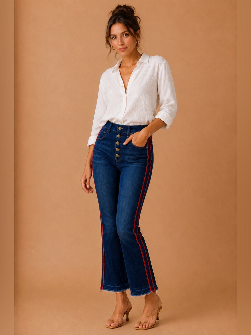 Veronica Beard Carolyn 10” Baby Bootcut Jeans Midnight Navy Fray /Red Stripe 30